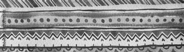 Obraz Ethnic abstract striped horizontal background. Grey raster watercolor ornate banner template.