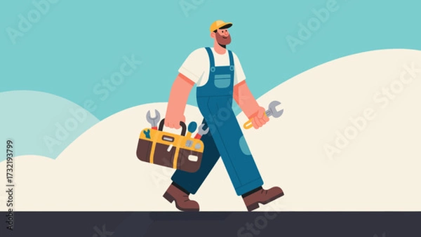 Obraz The repairman is carrying a tool bag, cartoon hand-drawn vector illustrations