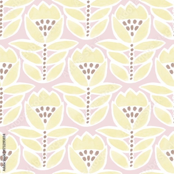 Obraz Seamless pattern of stylised watercolor flower with brown dots. Pastel color palette Easter floral print.