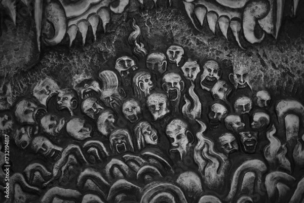 Fototapeta Tormented faces dominate horror art macabre illustration, gothic style. dark fantasy surreal image conveys intense despair emotion. Monochrome drawing shows unsettling figures an eerie background