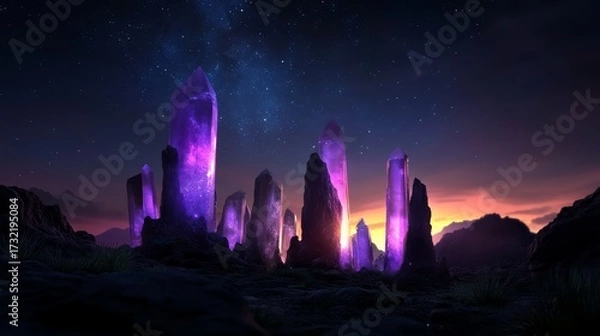 Fototapeta Mystical crystal formation at dusk enchanted landscape digital artwork fantasy environment wide viewpoint ethereal concept for immersive experience