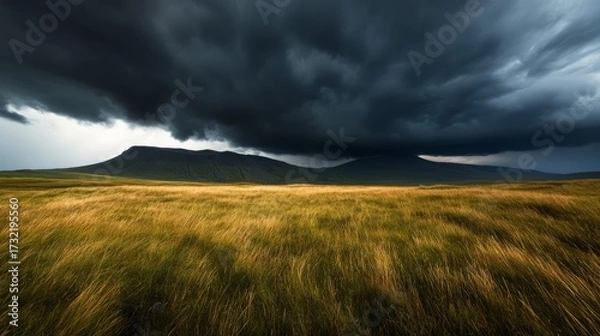 Fototapeta Dramatic storm approaches over rugged landscape open field nature photography dynamic atmosphere wide angle view weather phenomena