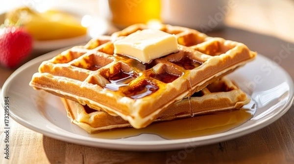 Fototapeta Delicious waffles with butter and syrup breakfast table food photography cozy home environment close-up view comfort food indulgence