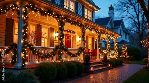 Fototapeta American Style House Veranda with String Lights, Garlands and Festive Banners – Twilight Holiday Mood