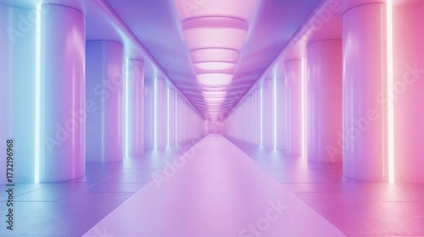 Fototapeta Futuristic Neon Lit Corridor with Vibrant Gradient Colors.