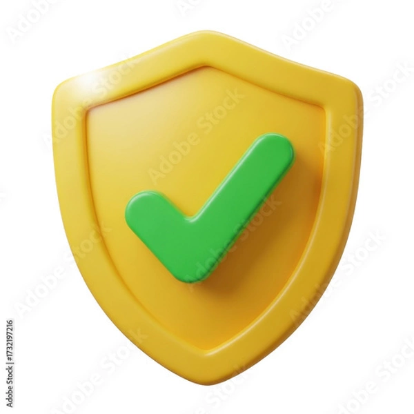Obraz A yellow shield with green checkmark 3d icon illustration isolated on transparent background, png. Protection, safety concept. 