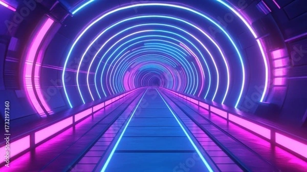 Fototapeta Futuristic Neon Light Tunnel Abstract Background.