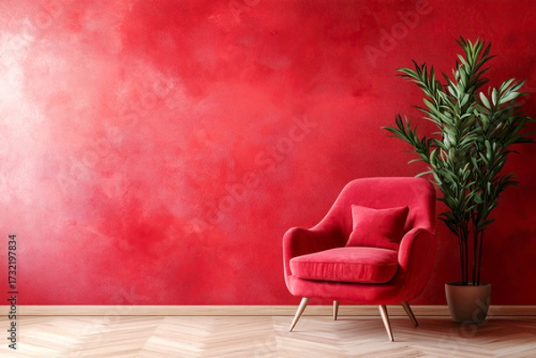 Fototapeta Ruby velvet armchair against of vibrant red stucco wall. Minimalist home interior design of modern living room. Empty, blank mock up wall with free space.