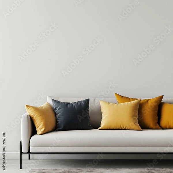 Fototapeta Yellow and black pillows on gray sofa near blank, empty mock up wall with free space. Scandinavian home interior design of modern living room.
