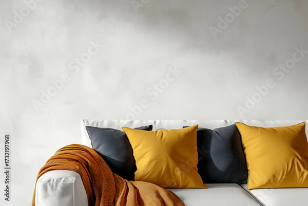 Fototapeta Yellow and black pillows on gray sofa near blank, empty mock up stucco or concrete wall with free space. Scandinavian home interior design of modern living room.