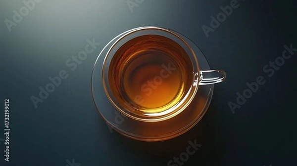 Fototapeta Warm amber tea in a transparent cup from above on a dark background.