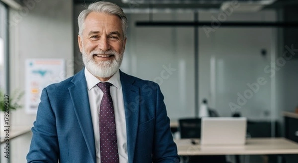 Fototapeta Smiling mature man in suit stands in modern office with blurred background.