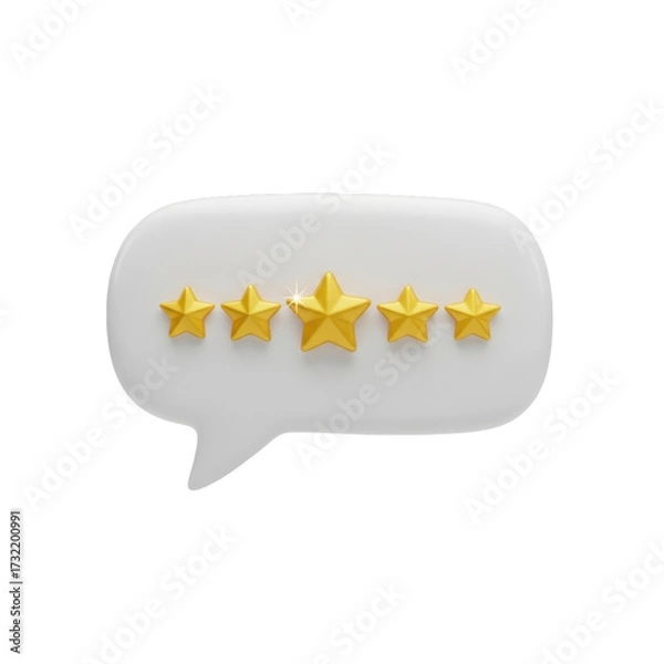 Obraz User feedback with five star rating. White speech bubble with five star icon. 3d icon illustration isolated on transparent background, PNG. Concept of online feedbac 