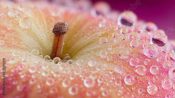 Fototapeta Macro close-up of dewy pink apple with water droplets on soft flesh in morning light