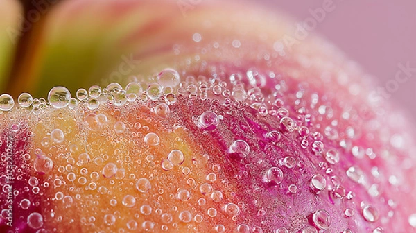 Fototapeta Macro close-up of dewy pink apple with water droplets on soft flesh in morning light