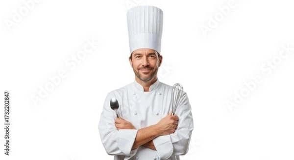 Obraz Professional Male Chef Wearing White Uniform and Tall Chef Hat Holding Kitchen Utensils in Studio