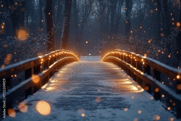 Obraz Snow-covered bridge adorned with lights.