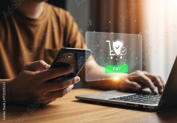 Fototapeta A person sitting at a desk with a laptop makes a secure online payment using a smartphone. A transparent, glowing interface hovers over the phone, showing a shopping cart icon with a security shield a