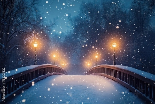 Obraz Snow-covered bridge with lights on.