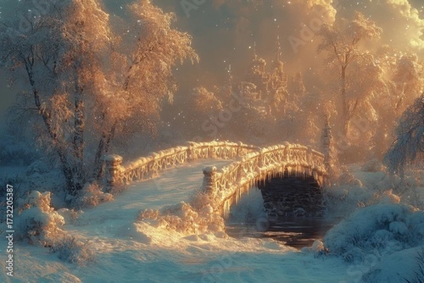 Obraz A bridge spanning a snowy river among trees.
