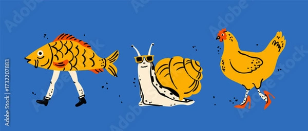 Fototapeta A hilarious and creative set of vector illustrations featuring funny, surreal animals. This trendy art includes a walking fish, a cool snail, and a hen in high heels, perfect for quirky projects.
