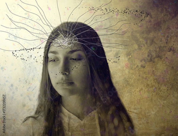 Fototapeta Conceptual portrait of a young woman with abstract lines and birds emerging from her head