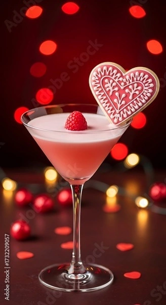 Fototapeta Martini with Raspberry and Heart Cookie for Valentine's Day