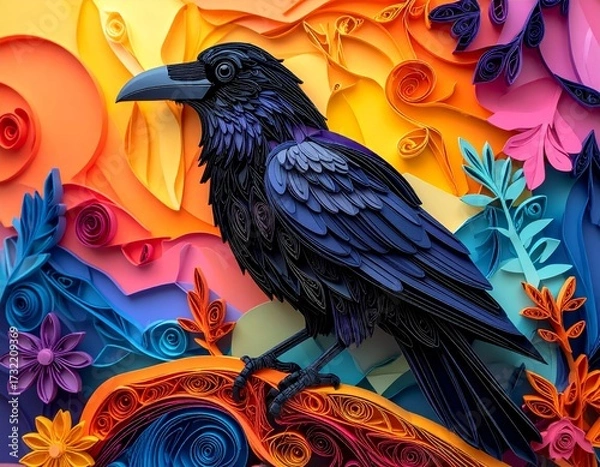 Obraz A decorative papercraft portrait of a crow or raven. This magical and mystical artwork, made of coiled paper, is a perfect symbol for the Halloween season.