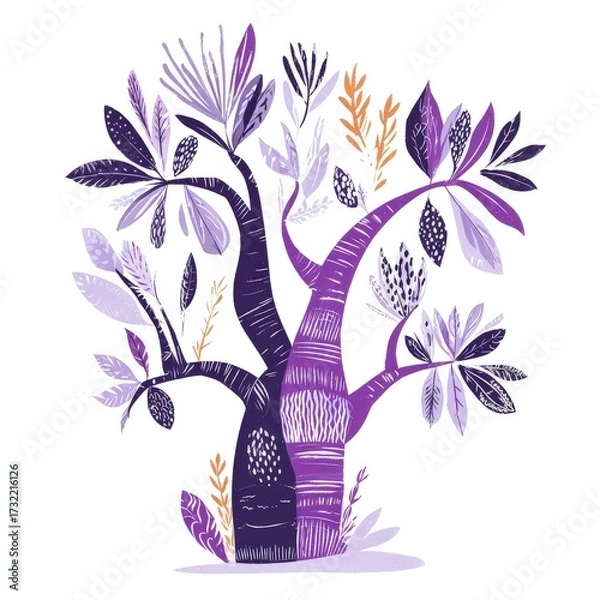 Fototapeta Boho Decorative Tree Illustration With Purple Branches Abstract Botanical Nature Ornament In Folk Artistic Style Vector