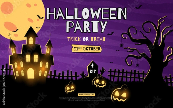 Fototapeta Happy Halloween background design. Vector banner, poster, card, content for social media, halloween festival for decoration with spooky ghost, pumpkin, moon, castle, tree. 31st October