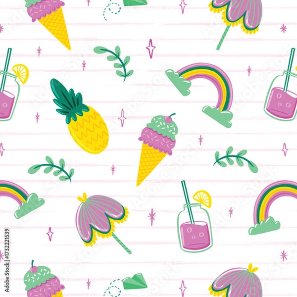 Fototapeta Seamless Summer Beach Pattern with Vacation hand drawn Elements
