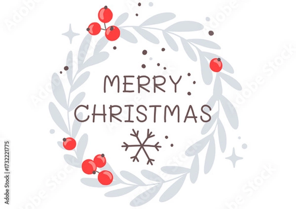 Fototapeta Hand-drawn Christmas greeting "Merry Christmas" in a wreath of stylized branches and red berries. A cozy, festive, simple design for cards and decor.