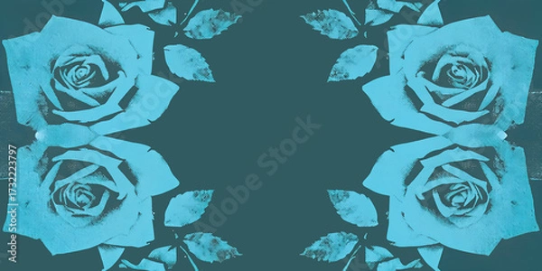 Obraz Abstract floral background with turquoise blue roses in halftone pop art style. Symmetrical decorative composition with leaves and flowers, modern retro design, perfect for posters, invitations