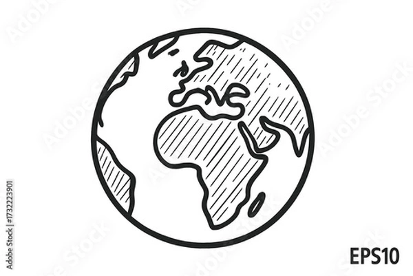 Fototapeta Hand drawn Earth globe doodle. Planet sketch in line art style. World map vector illustration. Concept for global business, international travel, ecology, environment, and geography.