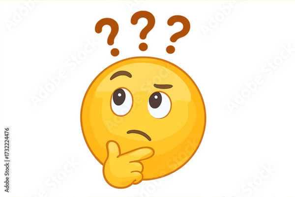 Obraz Thinking face emoji with question marks. Pondering emoticon asking questions. Concept of doubt, confusion, problem solving, finding an idea. Vector character illustration icon.