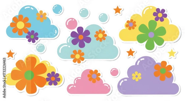 Obraz Abstract clouds and flowers shapes sticker set. Flat illustrations. Groovy flowers, bubbles, stars 