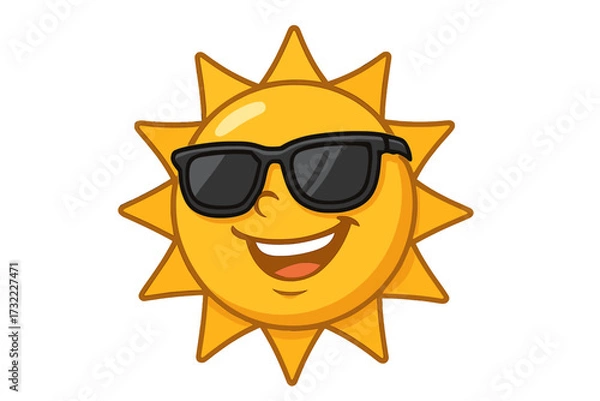 Obraz Cool sun mascot with sunglasses. Happy summer character smiling. Vector for vacation, travel, and sunny weather. Sunshine icon, bright face, positive emoji concept. Fun holiday.