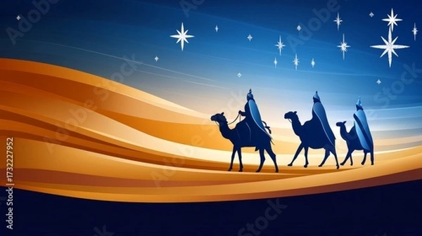 Fototapeta Three figures on camels traveling through a desert landscape under a starry night sky