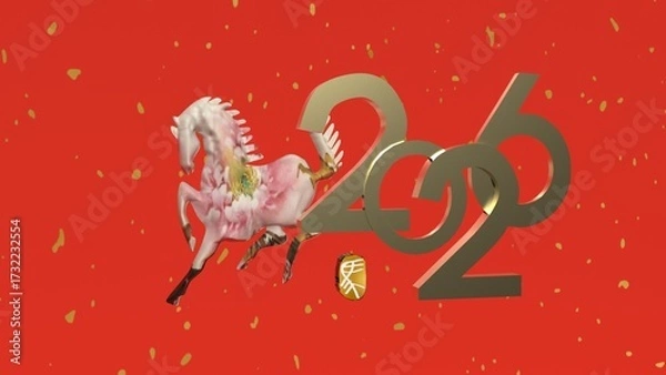 Fototapeta Festive 2026 Year of the Horse. Golden numbers, elegant floral horse, and auspicious symbols on a vibrant red background. Ideal for Lunar New Year and celebration designs.