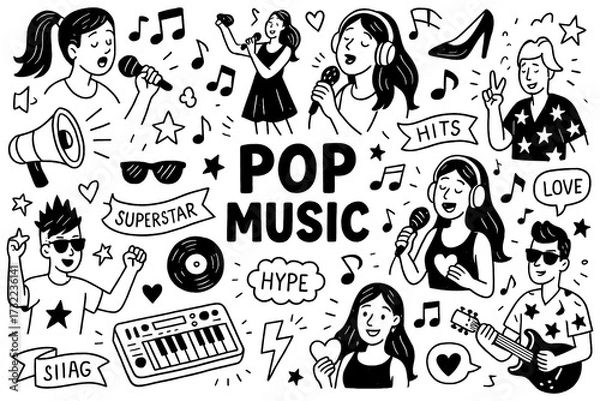 Obraz Pop music doodle with singers, guitars, vinyl, smartphone, musical notes and catchy melody icons, Transparent Background
