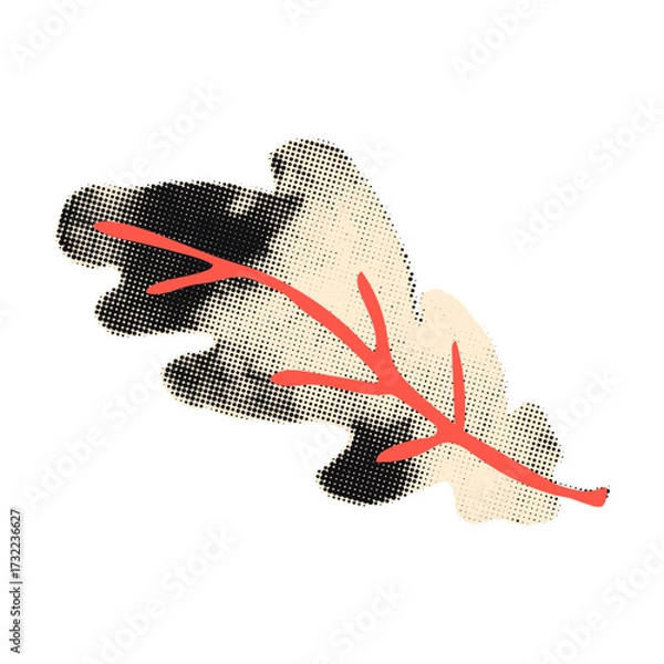 Fototapeta Art collage cut out of halftone autumn oak leaf with red doodles. Sticker with dotted texture. Modern retro mixed media vector illustration isolated on transparent background