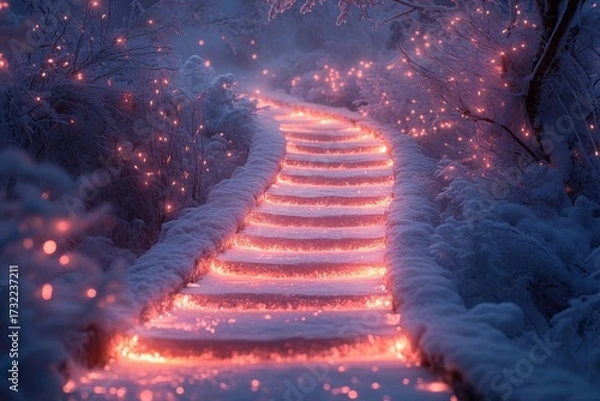 Obraz Snowy path lit with lights.
