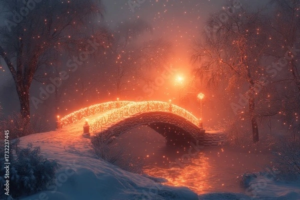 Obraz Fire erupting from snow-covered bridge.