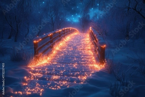 Obraz Fireflies illuminate a snowy path.