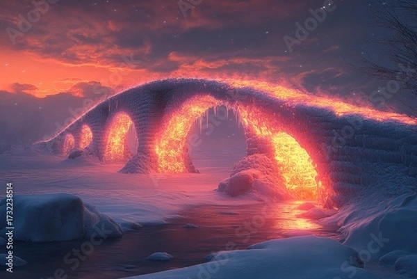 Obraz Fire bursts from a snow-covered bridge.