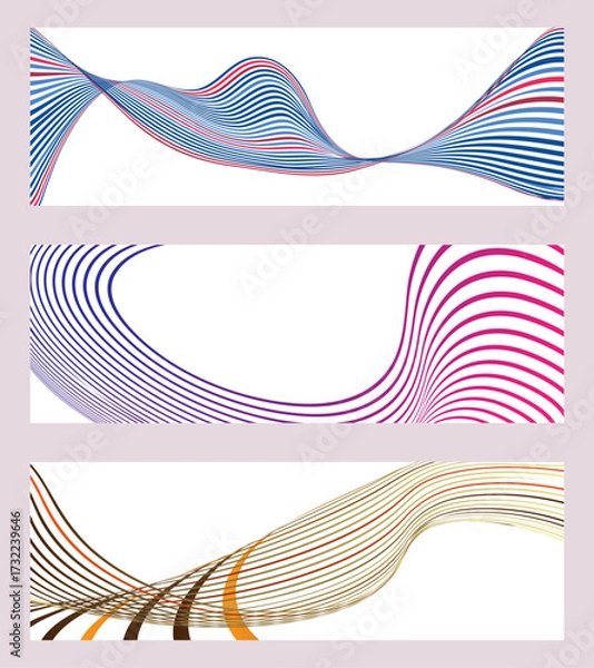 Fototapeta Wavy lines or ribbons. Set of 3 backgrounds. Multicolored striped gradient. Creative unusual background with abstract wavy lines.