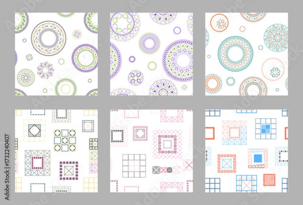 Fototapeta Seamless pattern of geometric shapes. Bright seamless pattern. Set of 6 patterns. Design for fabric, wallpaper