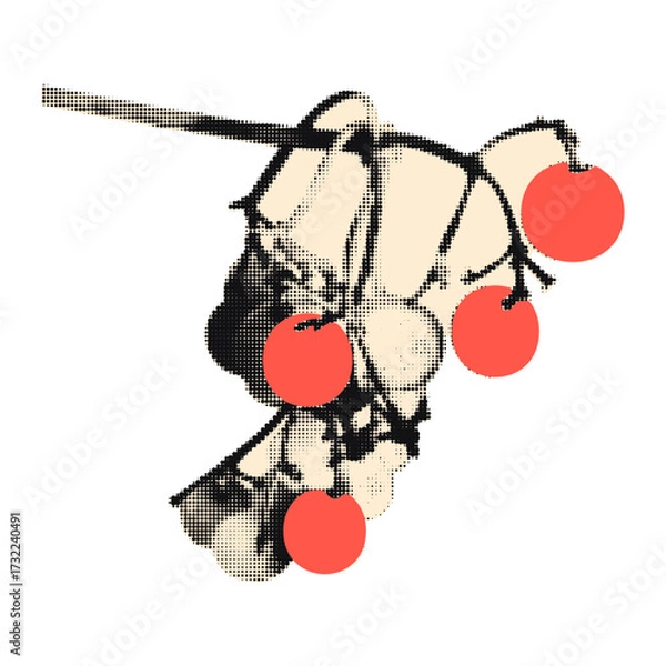 Fototapeta Art collage cut out of halftone autumn berries on branch with red doodles. Sticker with dotted texture. Modern retro mixed media vector illustration isolated on transparent background