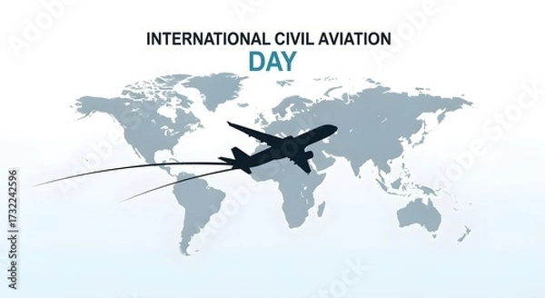 Fototapeta Minimal poster design with silhouette of airplane over world map, International Civil Aviation Day typography