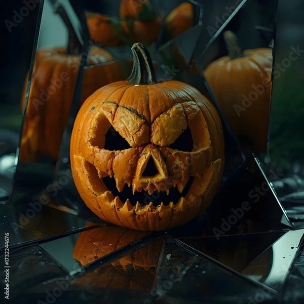 Fototapeta Jack-o’-Lantern Reflected in Shattered Mirrors